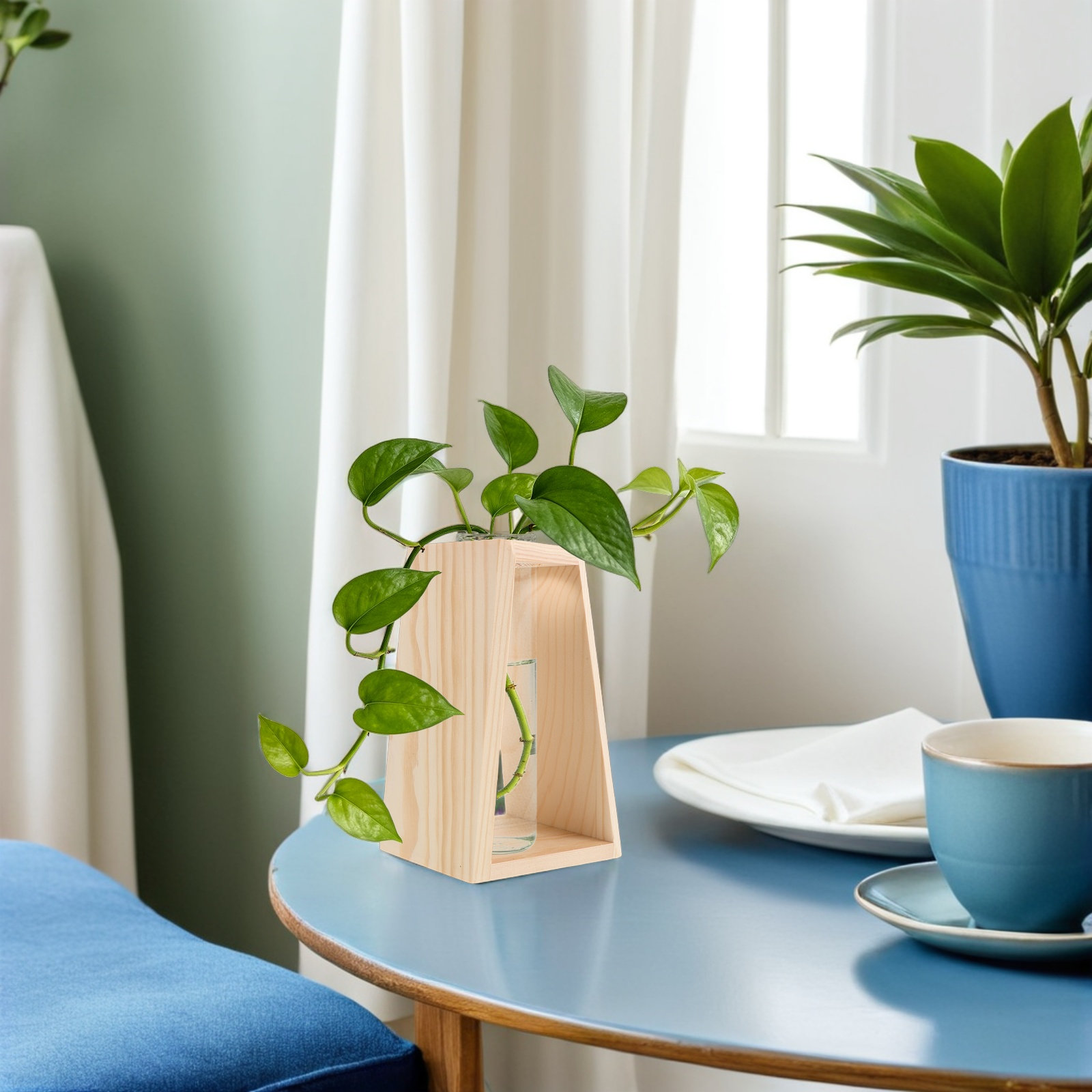 Propagation Station Vase - กระถางแก้วปลูกพืชแบบไฮโดรโปนิกส์แบบช่องเดียว พร้อมฐานไม้ที่มั่นคง สำหรับแจกันเพาะชำ ใช้ได้ทั้งที่บ้านและที่ทำงาน